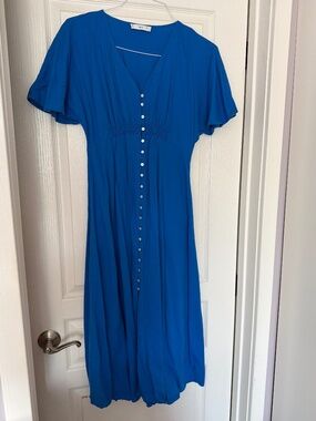 MNG (Mango) Blue Midi Dress | Size S | Button Front | Flowy
